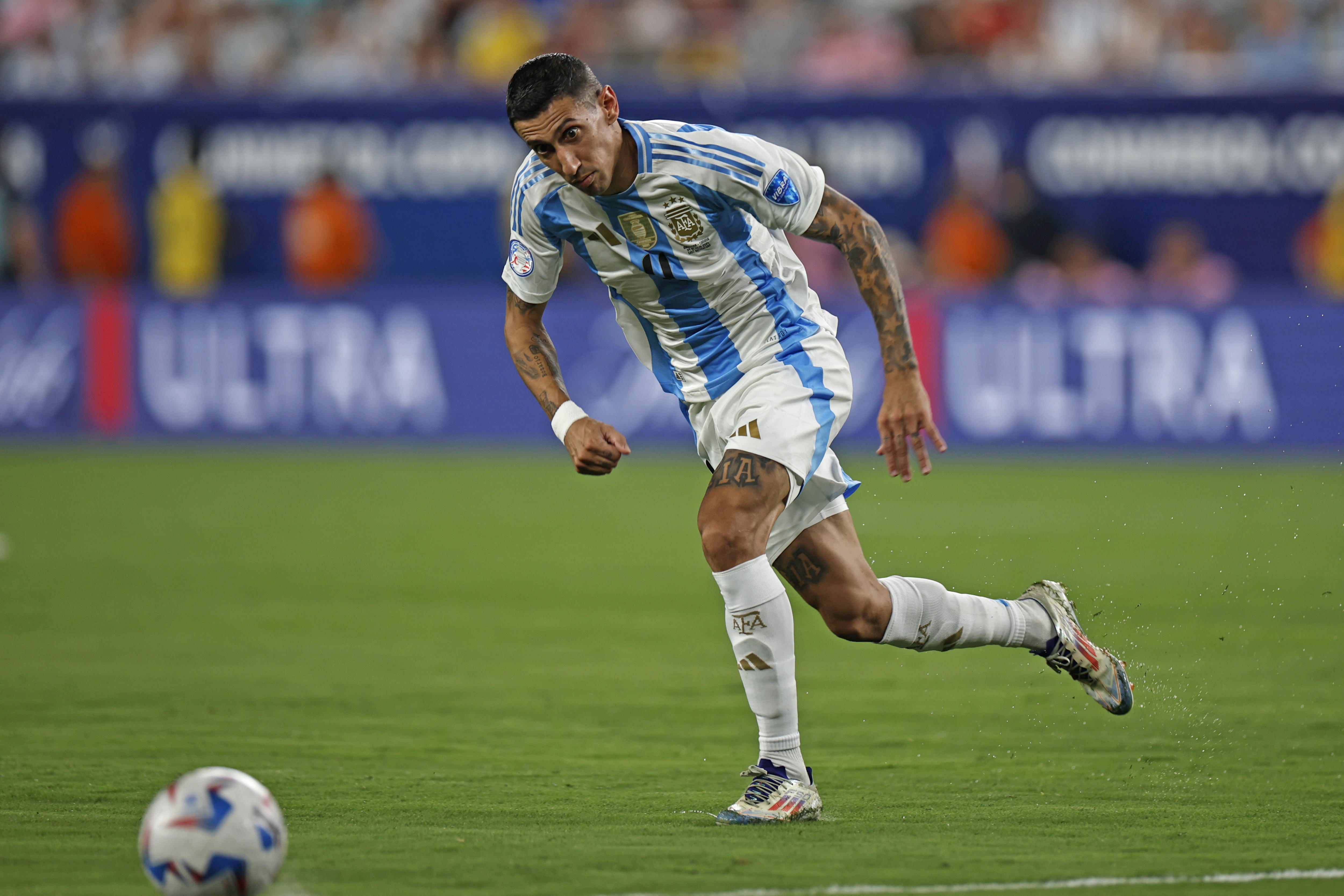 East Rutherford (United States), 10/07/2024.- Angel Di Maria of Argentina in action against Canada during the CONMEBOL Copa America 2024 Semi-finals match between Argentina and Canada, in East Rutherford, New Jersey, USA, 09 July 2024. EFE/EPA/CJ GUNTHER