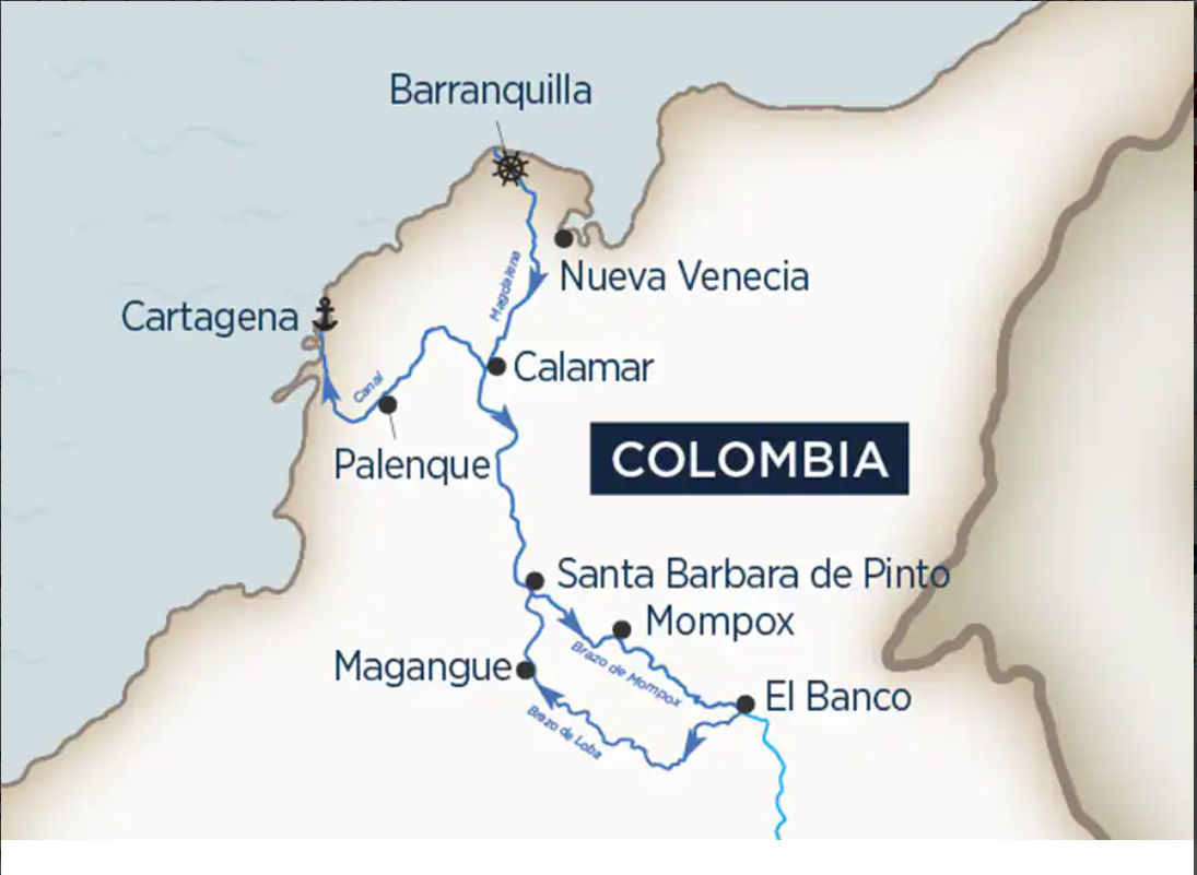 El itinerario "Magia de Colombia" comienza en Barranquilla y culmina en Cartagena, mientras que "Maravillas de Colombia" sigue la misma ruta, pero inicia en Cartagena y finaliza en Barranquilla.