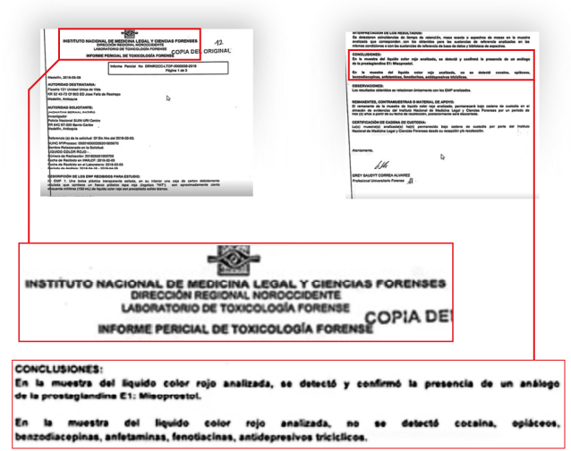 Facsímil del informe de Medicina Legal que analizó el jugo Hit y encontró que tenía Misoprostol, una sustancia abortiva, en caso de embarazo.
