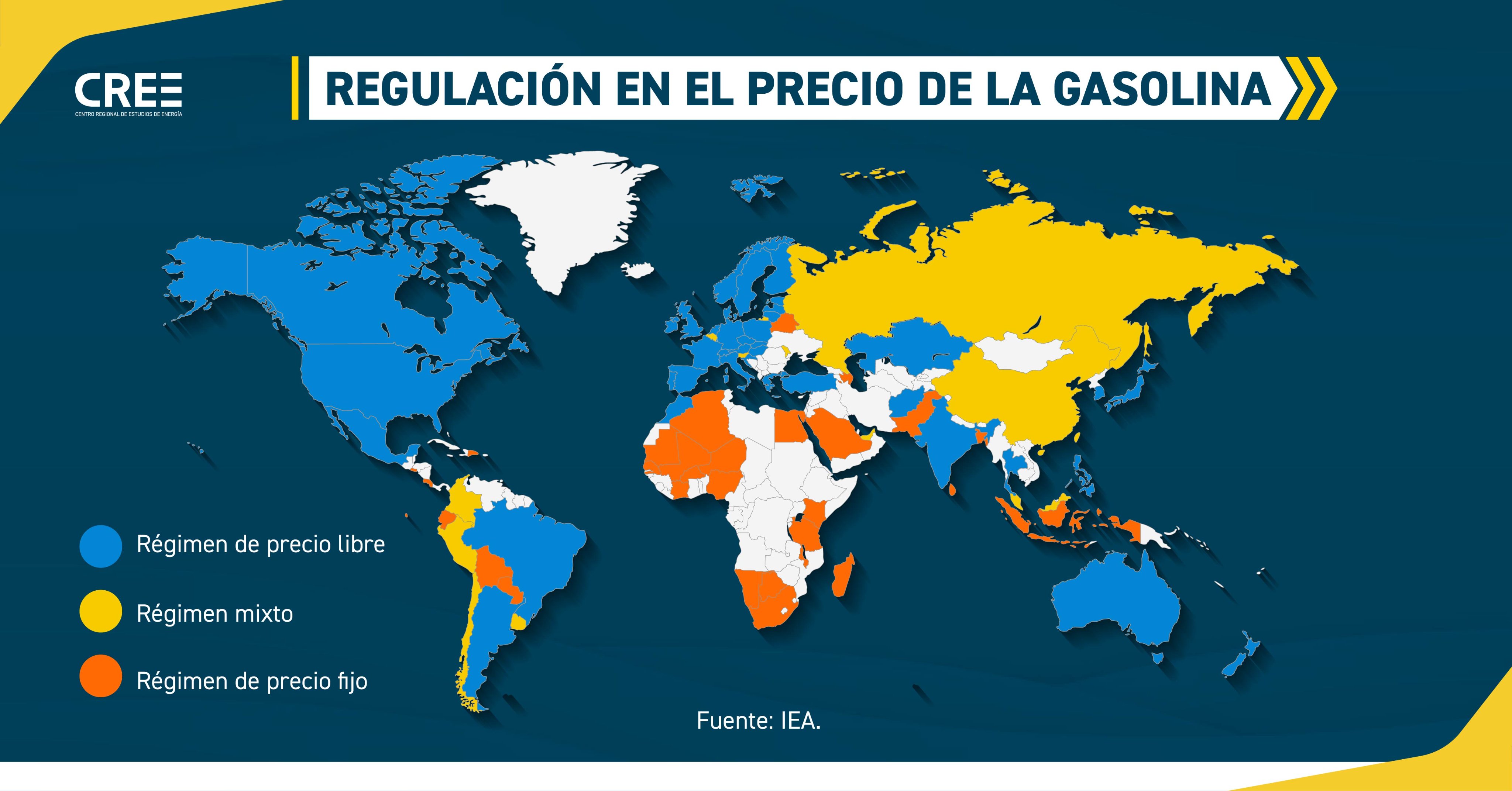 Mapa del esquema de regulación de precios de la gasolina en el mundo. / Cortesía CREE. Fuente: Agencia Internacional de Energía (IEA)