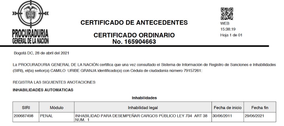 Certificado de antecedentes.