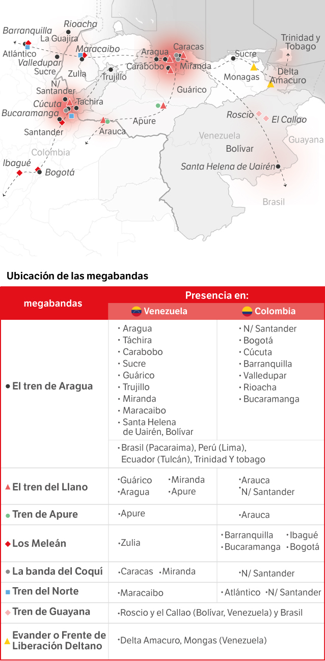 Mapa de cómo está situado el Tren de Aragua en Colombia y Venezuela.