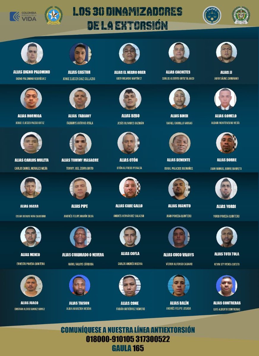 Este es el cartel de los 30 criminales más peligroso que extorsionan desde las cárceles.
