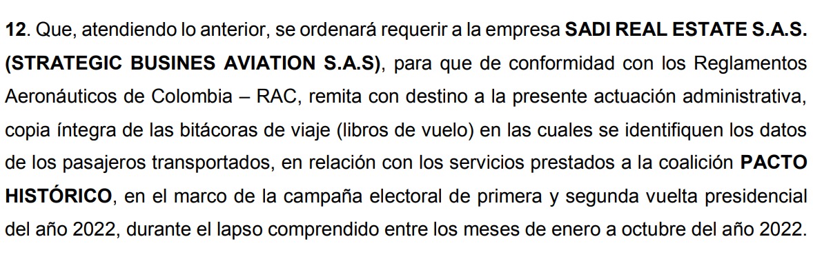 De acuerdo con el auto 13 del 19 de febrero de 2024, la empresa Sociedad Aérea de Ibagué deberá entregar copia de los libros de vuelo con relación a servicios prestados al Pacto Histórico.