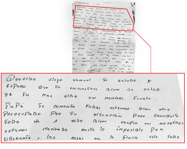 Carta que Eduardo Jiménez le envío a su padre cuando este último fue secuestrado por el Epl.