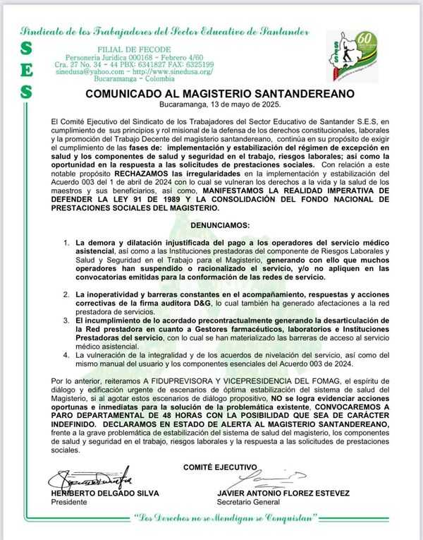 Este fue el comunicado del sindicato de Santander.