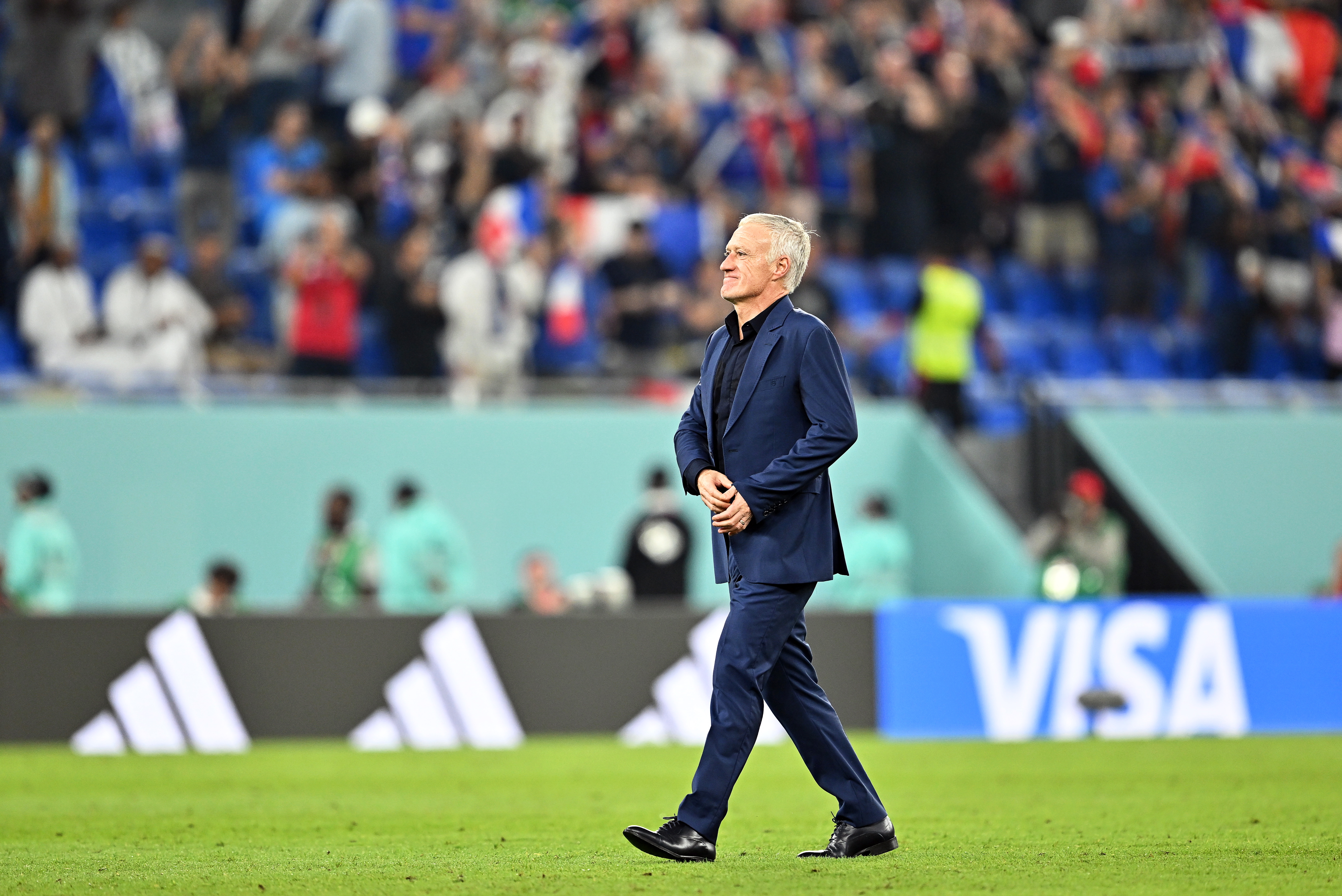 Doha (Qatar), 26/11/2022.- France's head coach Didier Deschamps reacts after winning the FIFA World Cup 2022 group D soccer match between France and Denmark at Stadium 947 in Doha, Qatar, 26 November 2022. (Mundial de Fútbol, Dinamarca, Francia, Catar) EFE/EPA/Noushad Thekkayil