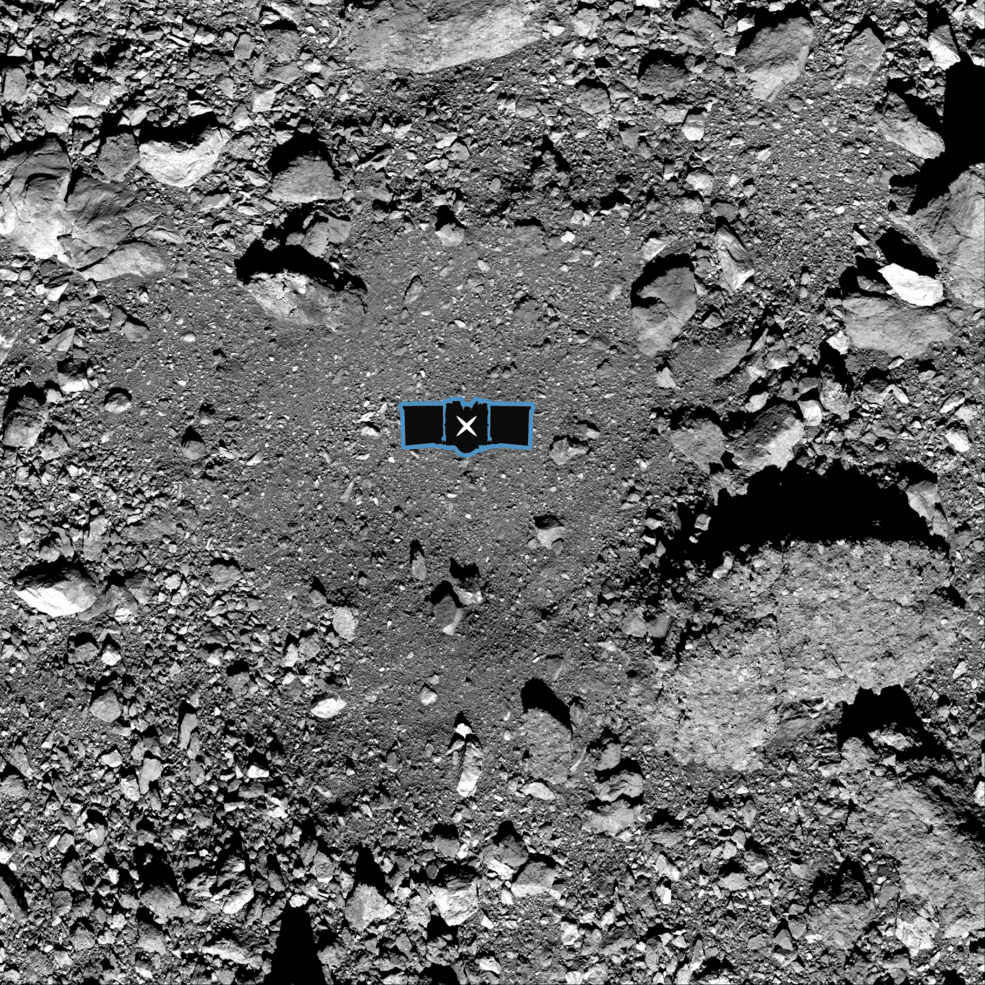 Nightingale, el lugar donde OSIRIS-REx recogerá las muestras en el asteroide Bennu. La imagen está superpuesta con un gráfico de la nave para ilustrar la escala del sitio. / NASA/Goddard/Universidad de Arizona
