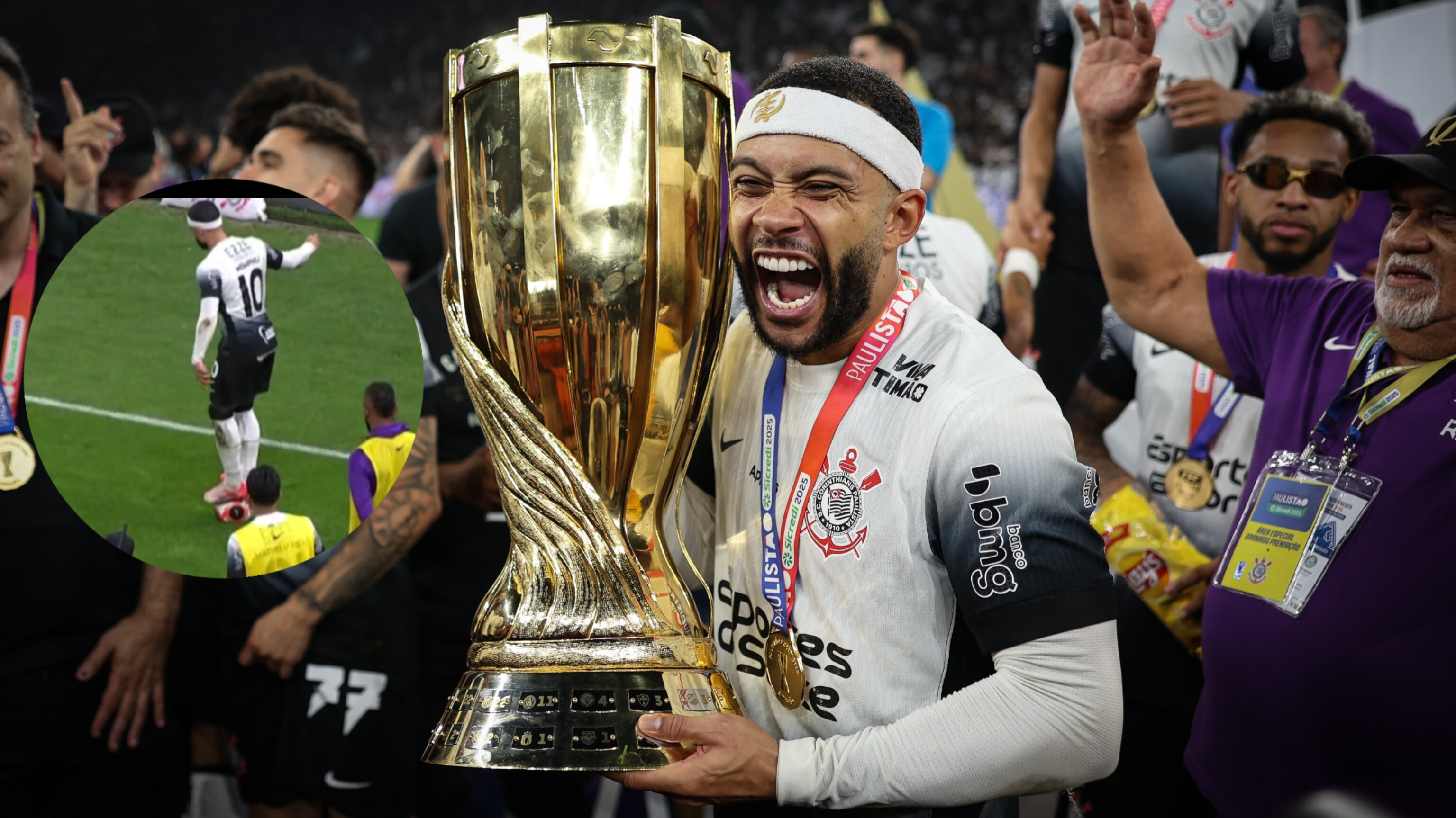 Memphis Depay de Corinthians celebra este jueves, tras ganar la final del Campeonato Paulista luego de vencer al Palmeiras, en el Neo Química Arena de Sao Paulo (Brasil).