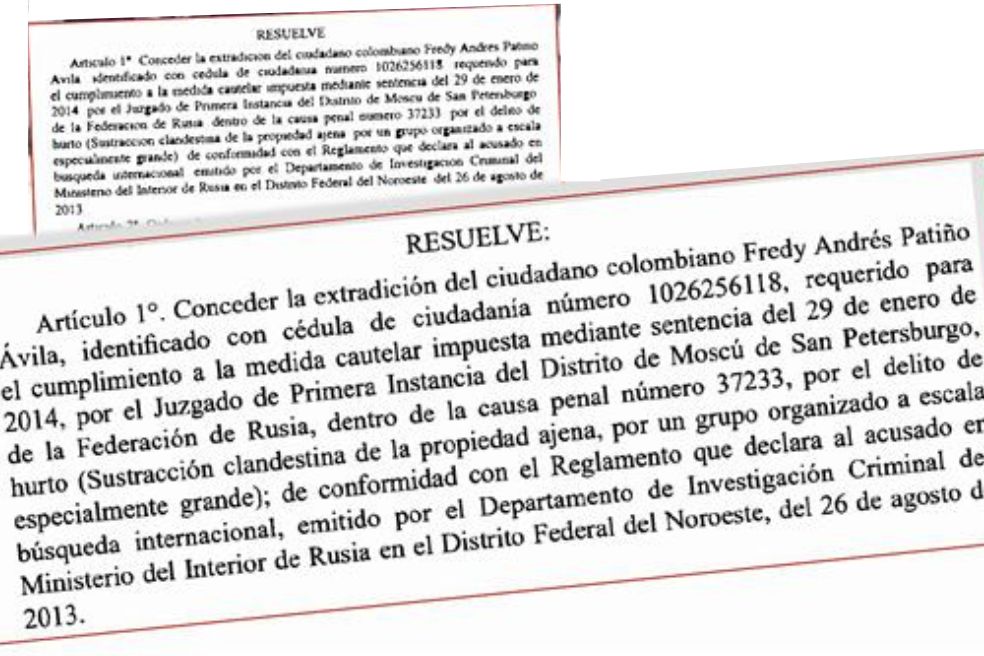 Resolución que le dio luz verde a la extradición de Fredy Andrés Patiño Ávila.