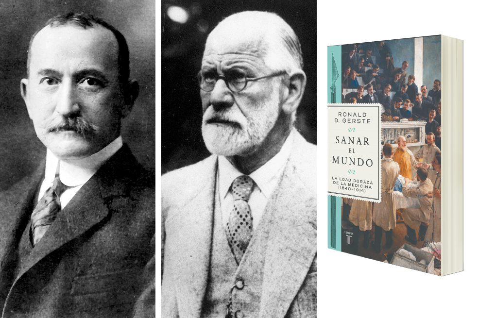 Carl Koller (izq.) y Sigmund Freud fueron médicos en el Hospital General de Viena y allí probaron un estimulante de los nativos indígenas de Sudamérica: la cocaína. A la derecha la portada del libro “Sanar el mundo”