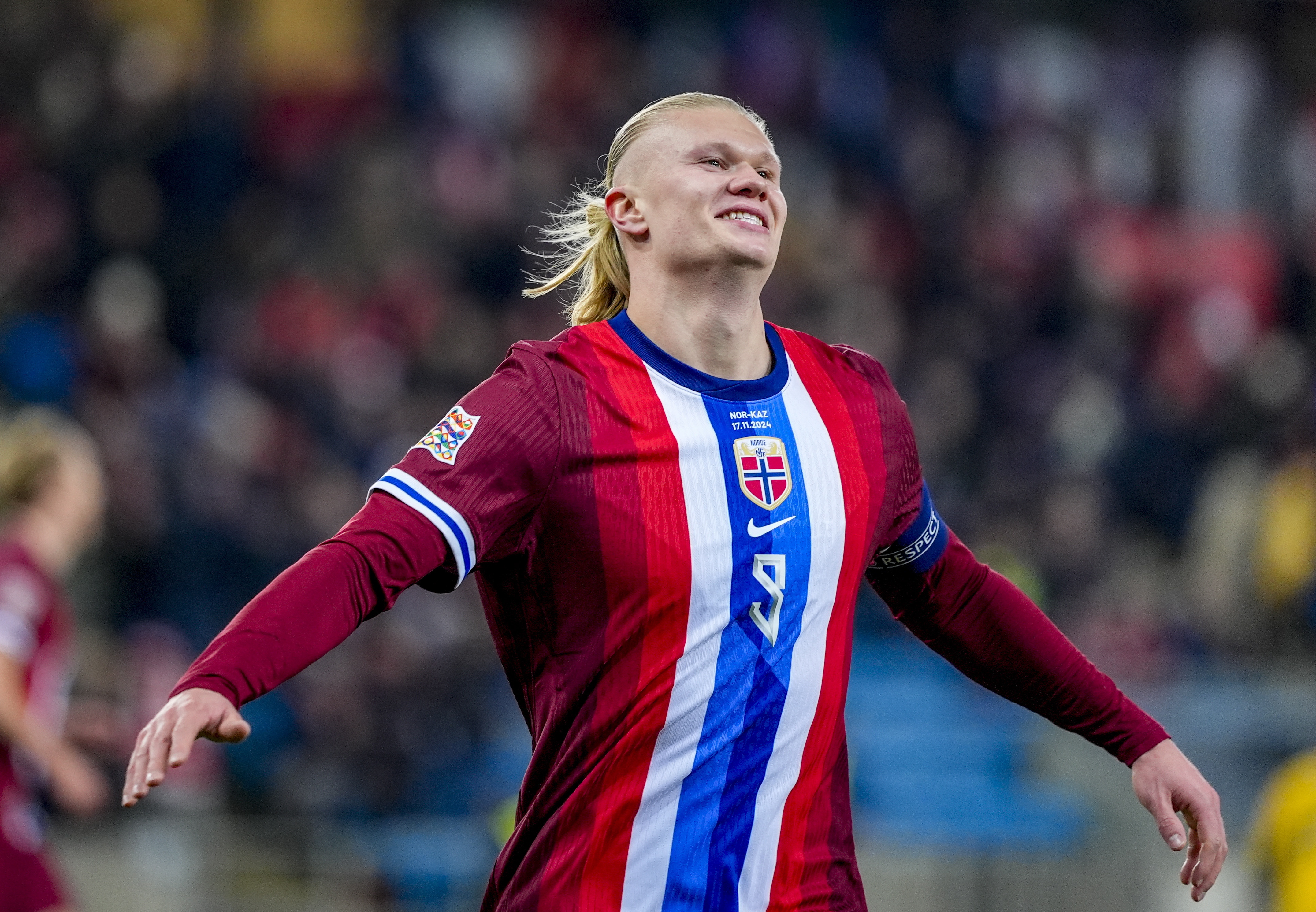 Oslo (Norway), 17/11/2024.- Erling Braut Haaland of Norway celebrates scoring the opening goal during the UEFA Nations League match between Norway and Kazakhstan at Ullevaal Stadium, Oslo, Norway, 17 November 2024. (Kazajstán, Noruega) EFE/EPA/Terje Pedersen NORWAY OUT