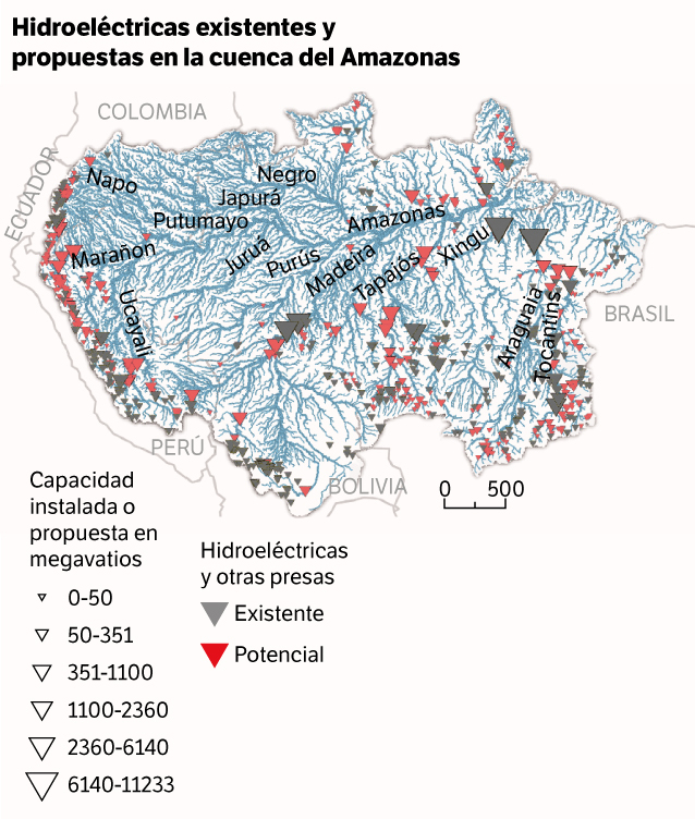 Hidroeléctricas existentes y propuestas en la cuenca del Amazonas.
