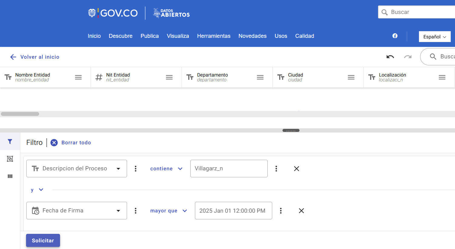 Vista de la base de datos de SECOP en datos.gov.co