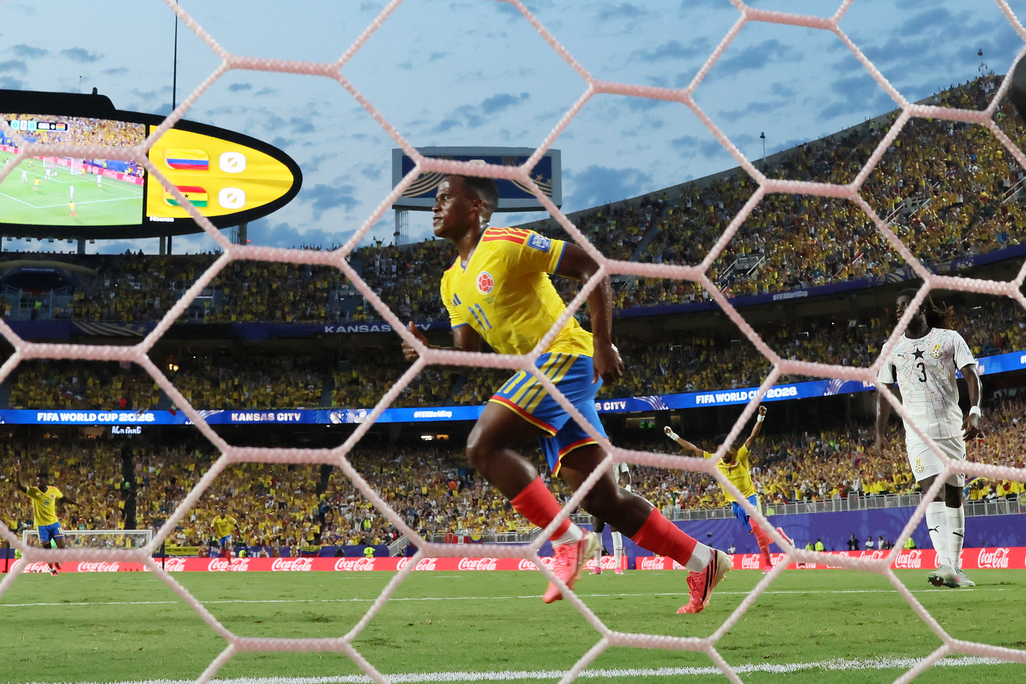 Colombia's midfielder #11 Jhon Arias celebrates scoring his team's first goal during the 2026 World Cup round of 32 football match between Colombia and Ghana at the Kansas City Stadium in Kansas City on July 3, 2026. (Photo by Odd ANDERSEN / AFP)