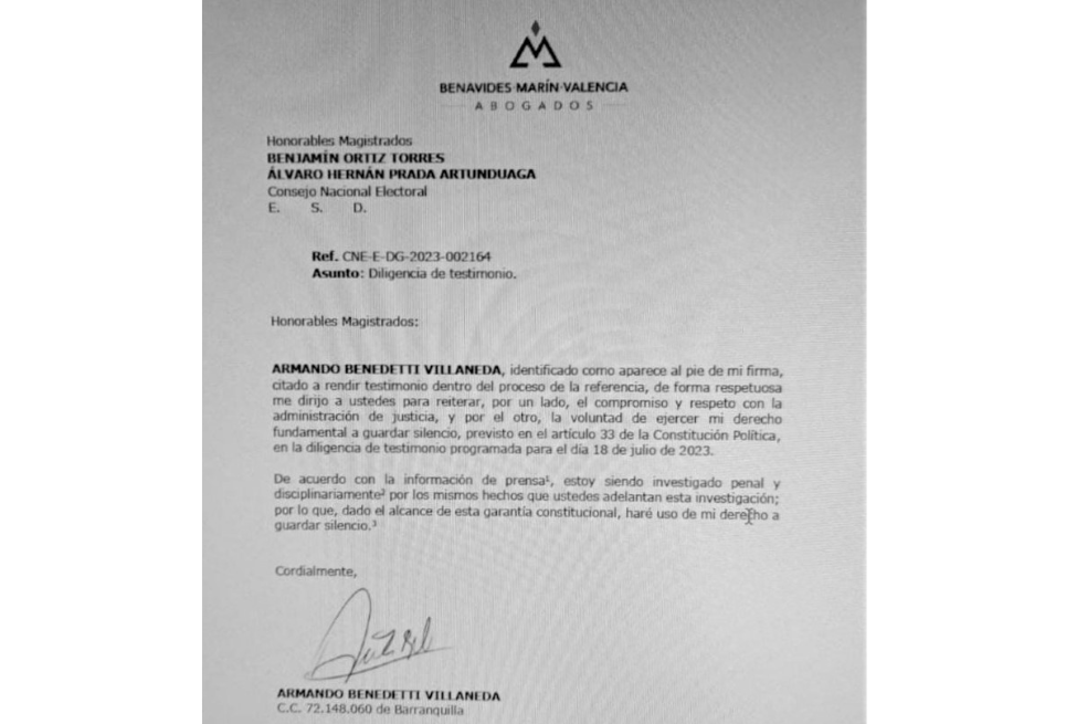 Carta de Armando Benedetti, embajador en Venezuela, dirigida a los magistrados del Consejo Nacional Electoral, para justificar su ausencia a la cita de este 18 de julio.