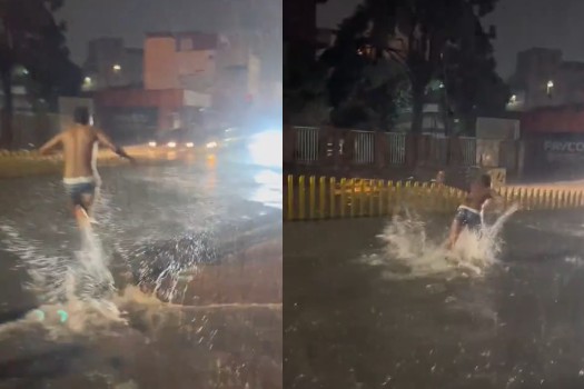 Hombre usó carril de Transmilenio como piscina tras fuerte aguacero en Bogotá