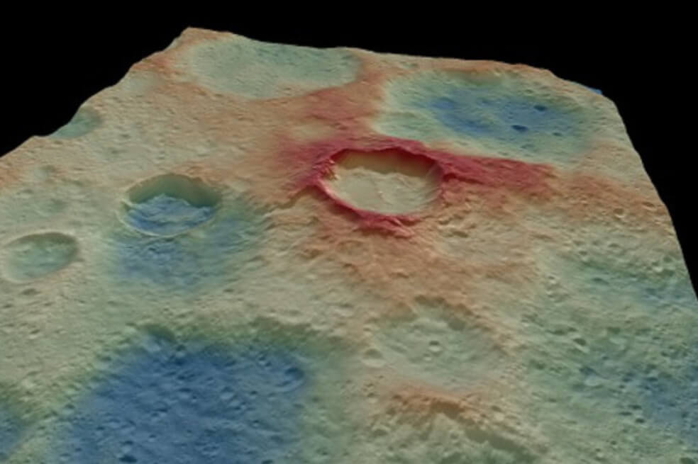 Modelo digital del terreno que muestra el escarpe formado por una falla inversa que deformó los cráteres Kupalo y Juling. / UCM a partir de datos NASA/DAWN