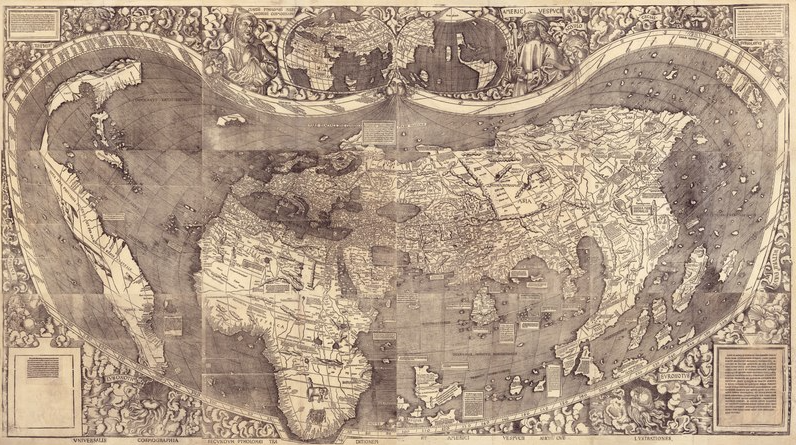 Martin Waldseemüller, Universalis cosmographia secundum Ptholomaei traditionem et Americi Vespucii aliorumque lustrationes (dibujo de toda la Tierra siguiendo la tradición de Ptolomeo y los viajes de Américo Vespucio), 1507.