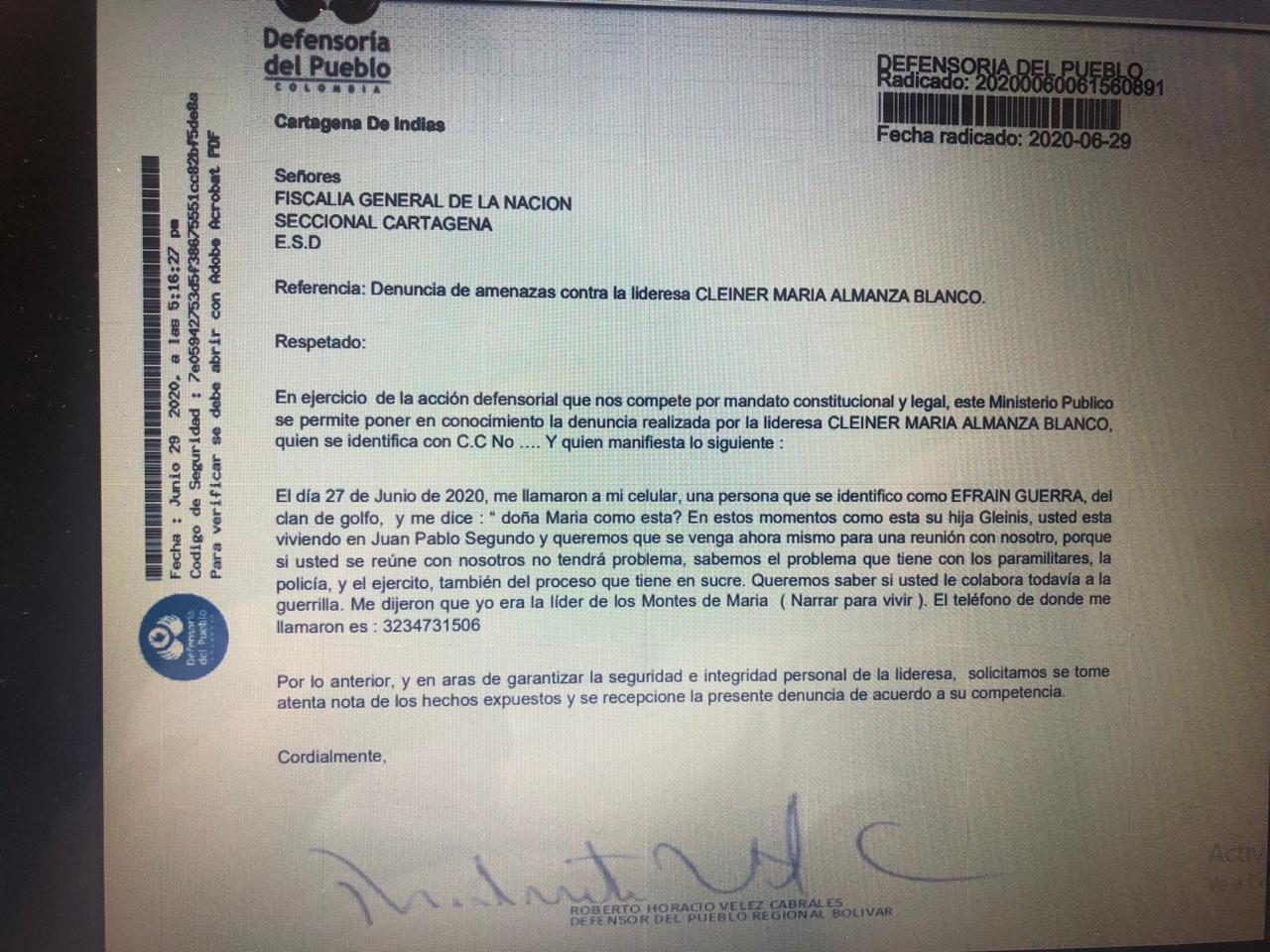 La denuncia que fue remitida desde la Defensoría del Pueblo hasta la Fiscalía.