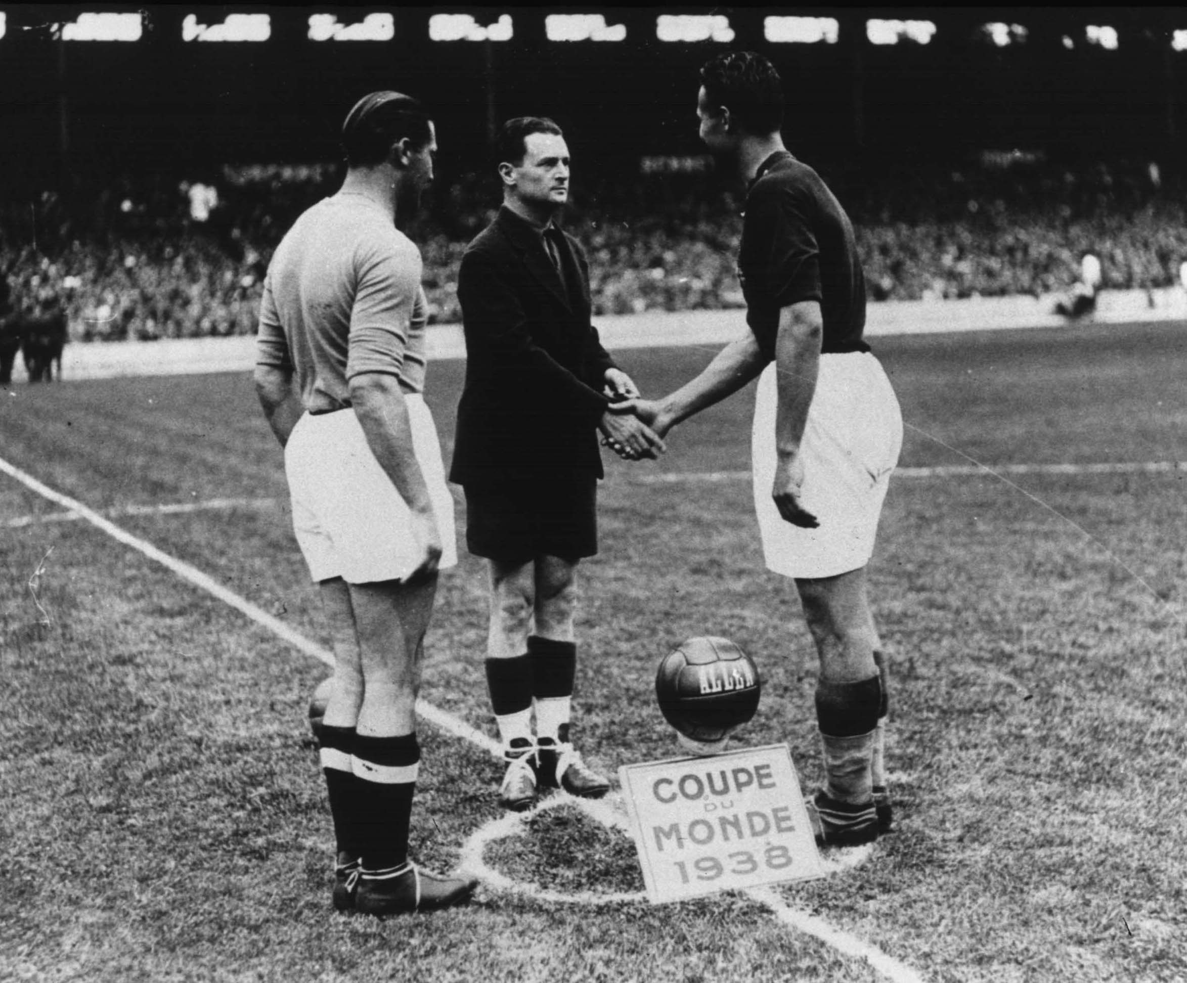 World Cup 1938, Final, Paris, France, 19th June, 1938, Italy 4 v Hungary 2, Italian captain Giuseppe Meazza (left) meets Hungarian captain Sarosi before the match (Photo by Popperfoto/Getty Images)