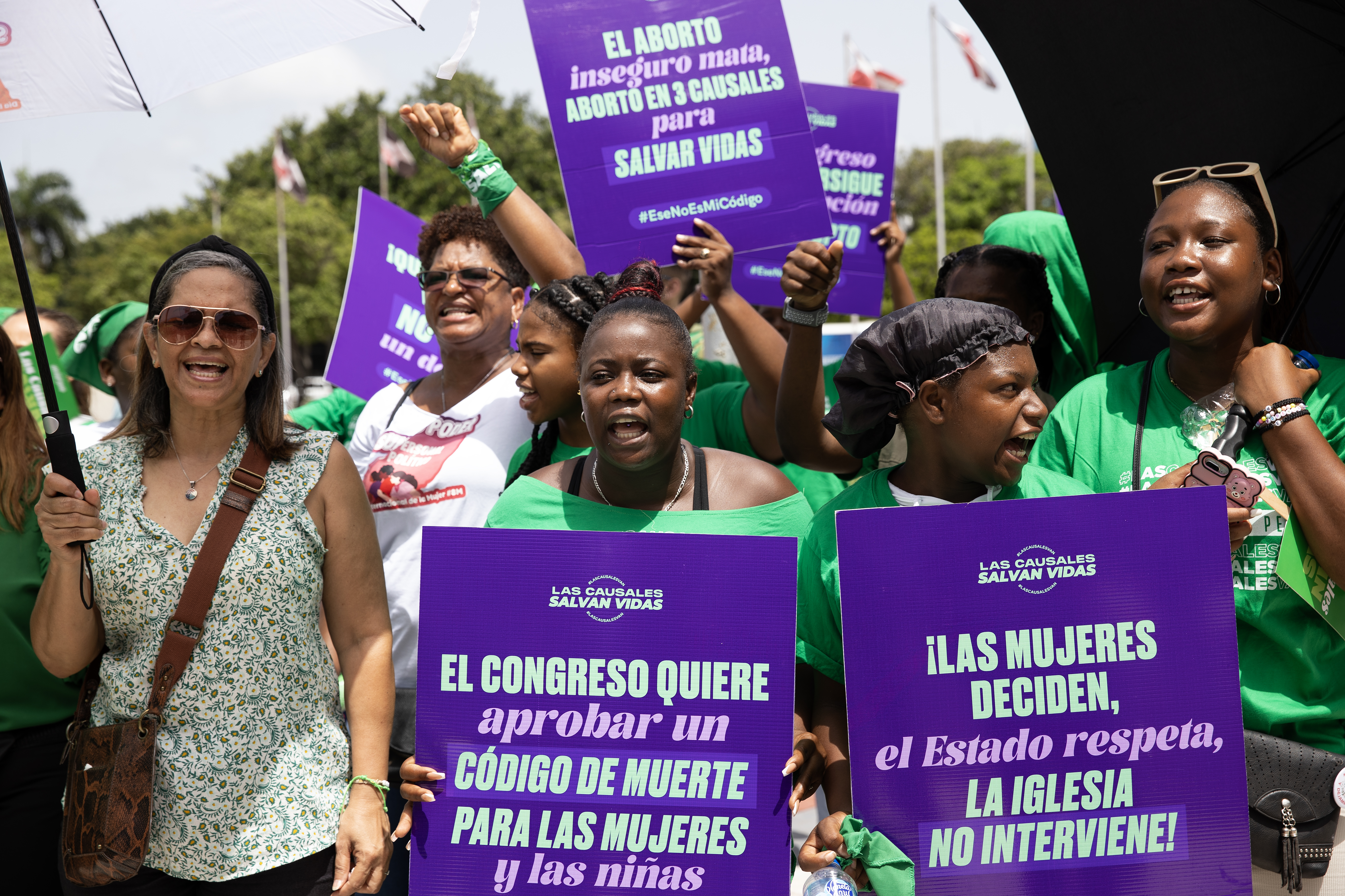 AME7230. SANTO DOMINGO (REPÚBLICA DOMINICANA), 27/06/2024.- Manifestantes protestan este jueves frente al Congreso Nacional en Santo Domingo (República Dominicana). Decenas de manifestantes y un grupo de legisladores protestaron este jueves en Santo Domingo frente al Congreso Nacional en rechazo a que un proyecto de Código Penal que se tramita en el Parlamento no incluya los tres supuestos en los que se permitiría abortar. EFE/Orlando Barría