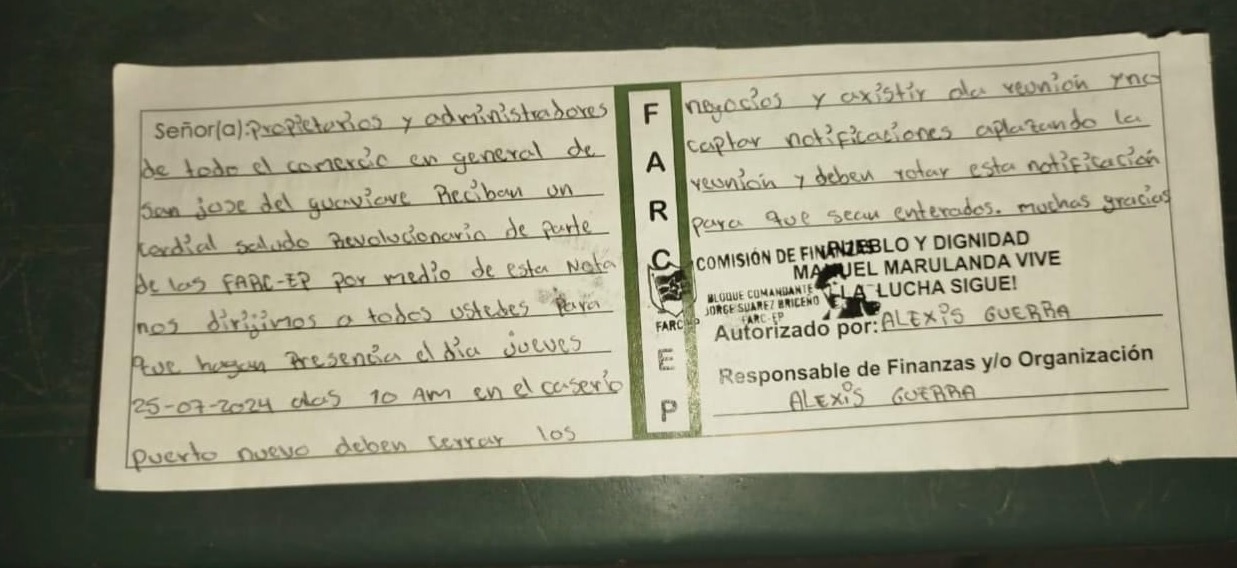 Disidentes de las FARC citan a comerciantes de Guaviare a reunión obligatoria