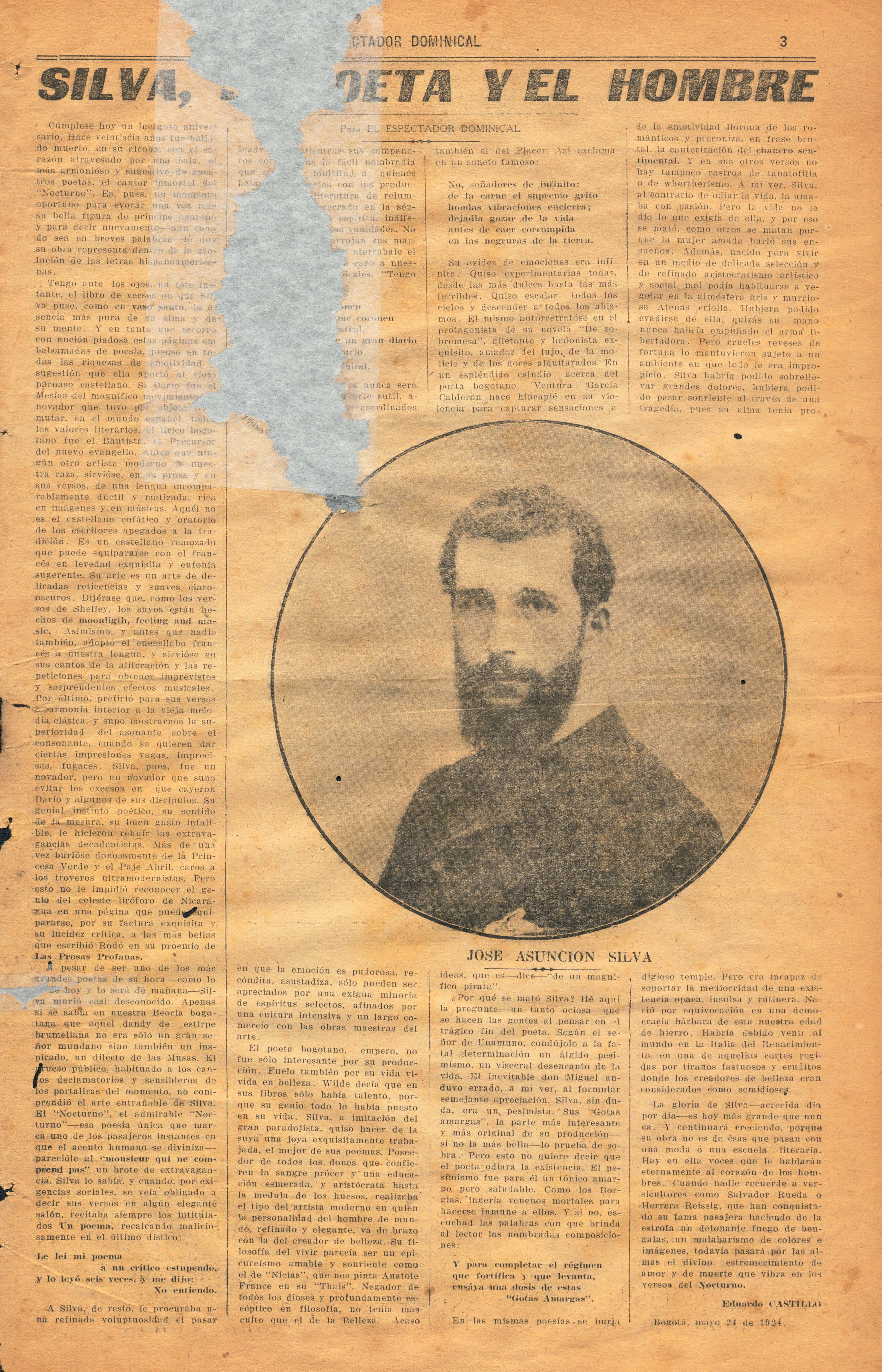 Versión impresa del perfil de José Asunción Silva, publicado el 24 de mayo de 1924.