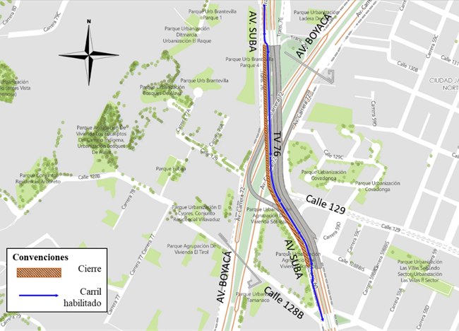 Mapa del cierre de la Av. Boyacá con Av. Suba.