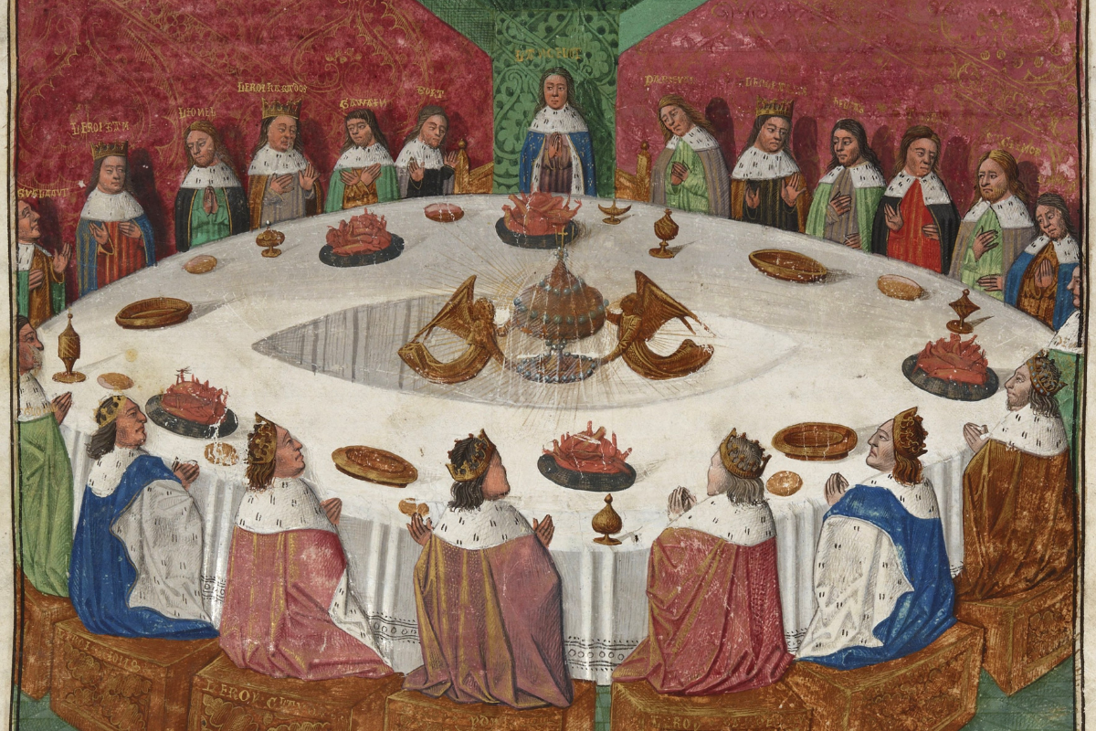 En esta pintura, el rey Arturo y los caballeros de la mesa redonda tienen una visión del Santo Grial, antes de emprender su búsqueda.