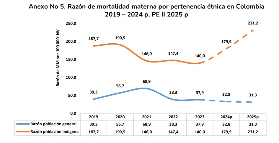 Razón de mortalidad materna por pertenencia étnica en Colombia.