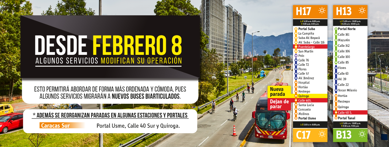 Para el lunes 10 de febrero, laruta H51pasará a denominarseA51y dejará de operar las estacionesSanta Lucía, Socorro, Consuelo, Molinos y Portal Usme. Y los siguientes servicios dejarán de operar algunas estaciones de la siguiente manera: