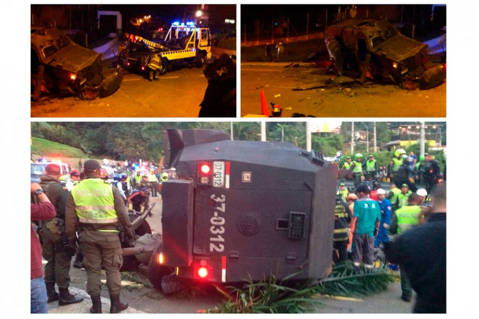 Siete policías del Esmad heridos al accidentarse tanqueta en Medellín