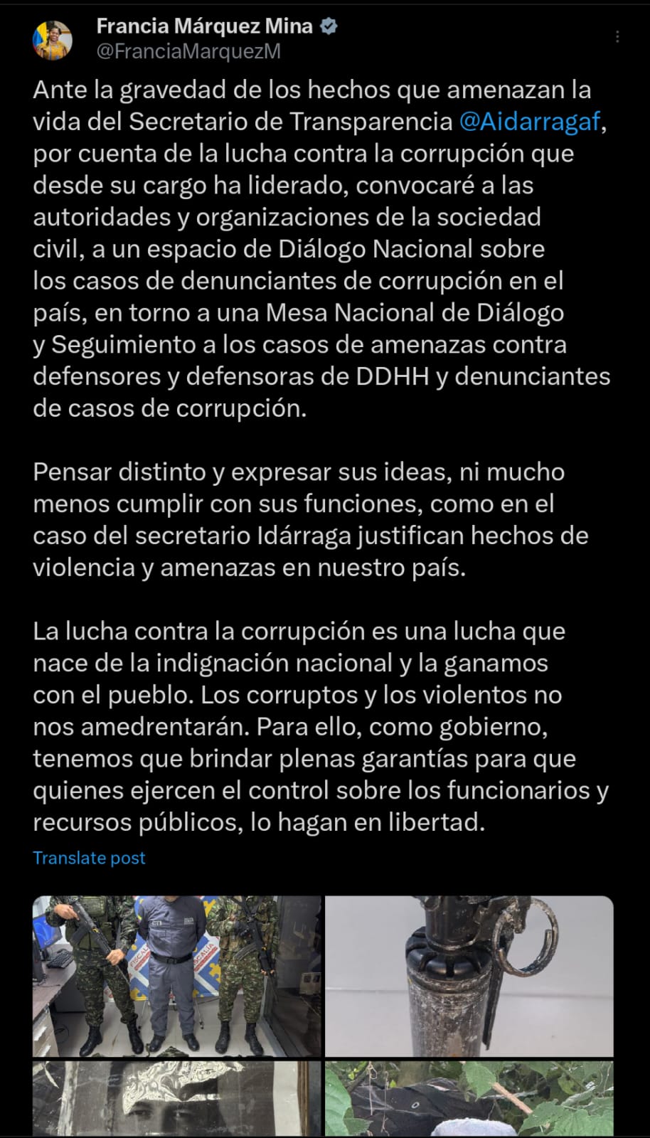 La vicepresidenta aseguró que va a convocar un espacio de Diálogo Nacional sobre los casos de denunciantes de corrupción en el país. @FranciaMarquezM