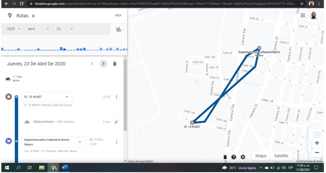 Captura de pantalla de la opción Rutas de Google Maps del celular de Harold Ordóñez Botero el 23 de abril del 2020.