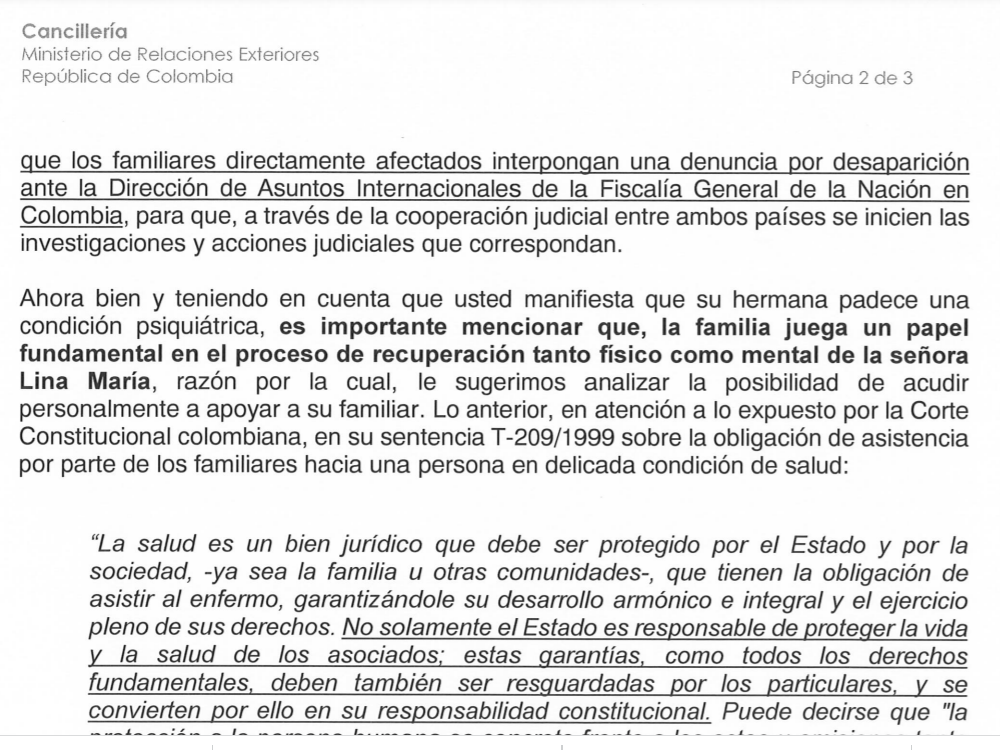 Respuesta de solicitud hecha ante la Cancillería pidiendo ayuda para dar con Lina Cruz en Monterrey