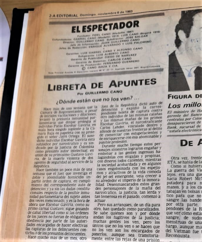 En su "Libreta de Apuntes", Guillermo Cano exigía judicializar a Escobar.