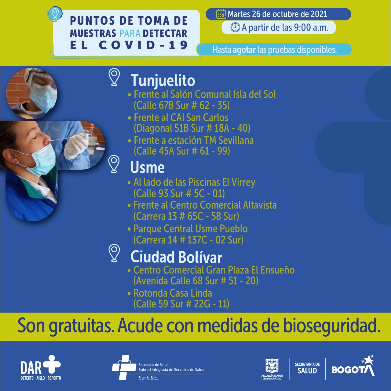 ¿Dónde hay pruebas gratuitas contra Covid-19 este martes en Bogotá?