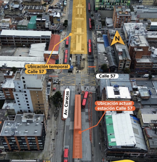 Mapa del traslado de la estación de la calle 57 al punto temporal, por las obras del metro.