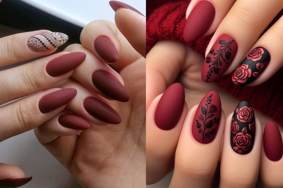 Uñas pintadas de vinotinto con un acabado mate, ofreciendo un aspecto sofisticado y sobrio.
