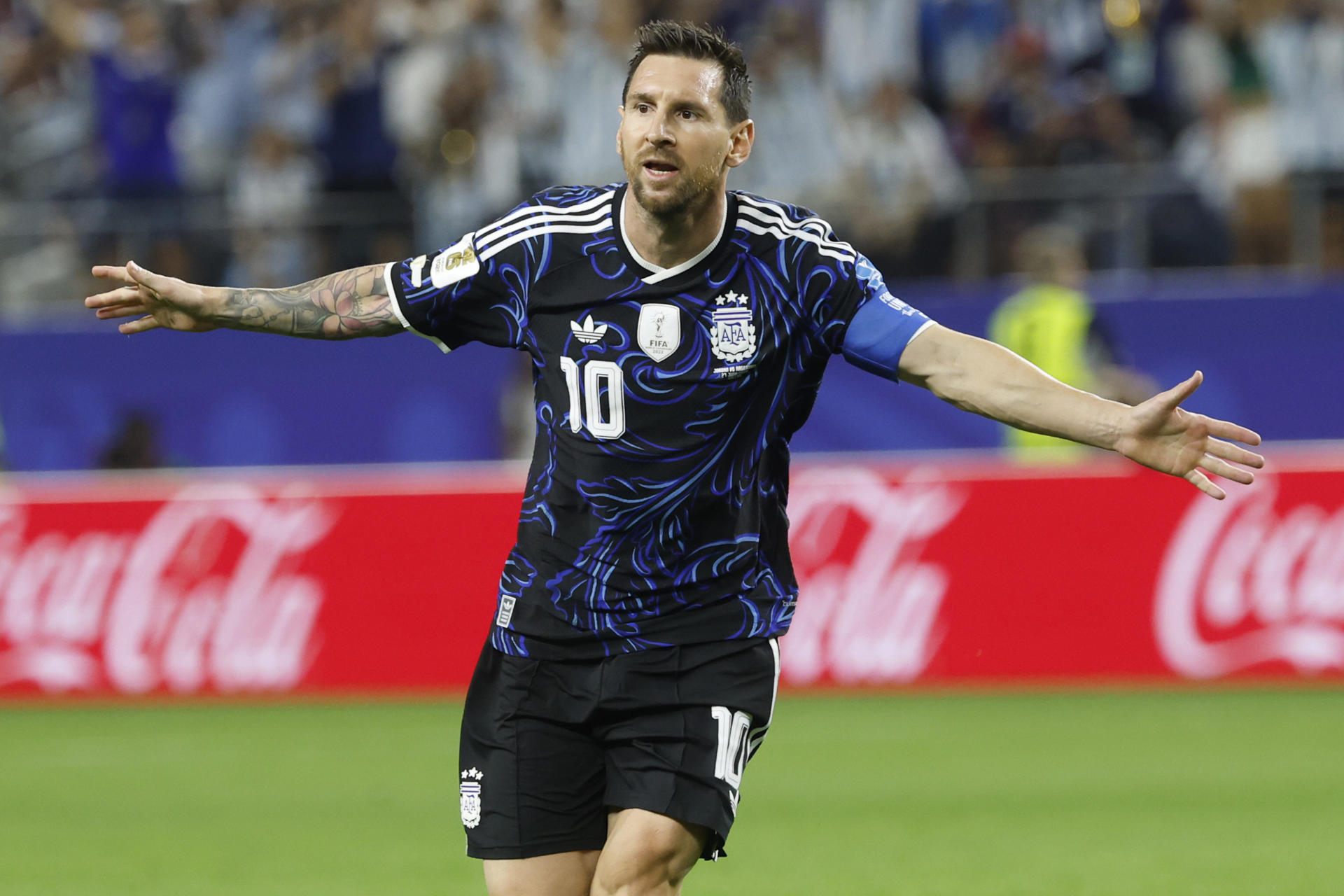 FOTODELDÍA GR7350. DALLAS (ESTADOS UNIDOS), 27/06/2026.- Lionel Messi de Argentina celebra su gol este sábado, durante un partido del grupo F del Mundial de la FIFA 2026 entre Jordania y Argentina en el estadio AT&T Stadium en Dallas (EE.UU.). EFE/ Mariscal
