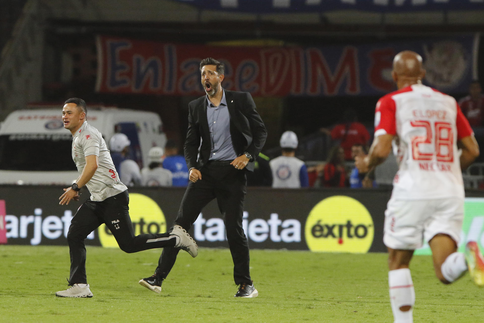 AME9778. MEDELLÍN (COLOMBIA), 29/06/2025.- El entrenador de Santa Fe, Jorge Bava (c), celebra tras ganar el título de la Liga Colombiana este domingo, en el partido de vuelta de la final del la liga colombiana entre Deportivo Independiente Medellín e Independiente Santa Fe en el estadio Atanasio Girardot en Medellín (Colombia). EFE/ STR
