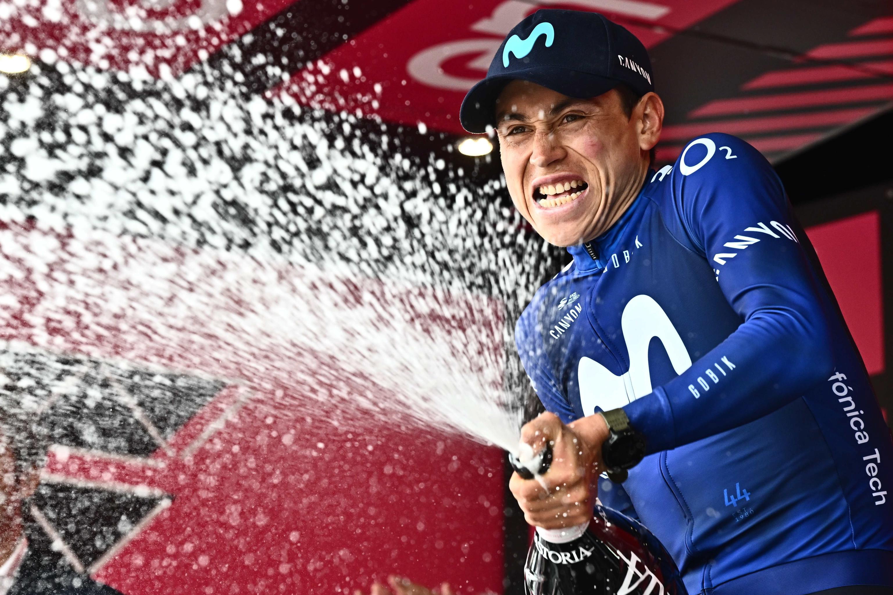 Crans Montana (Switzerland), 19/05/2023.- Colombian rider Einer Augusto Rubio of Movistar Team celebrates on the podium after winning the13th stage of the 2023 Giro d'Italia cycling race over 74,600 km from Le Chable to Crans-Montana, Switzerland, 19 May 2023. (Ciclismo, Suiza) EFE/EPA/LUCA ZENNARO