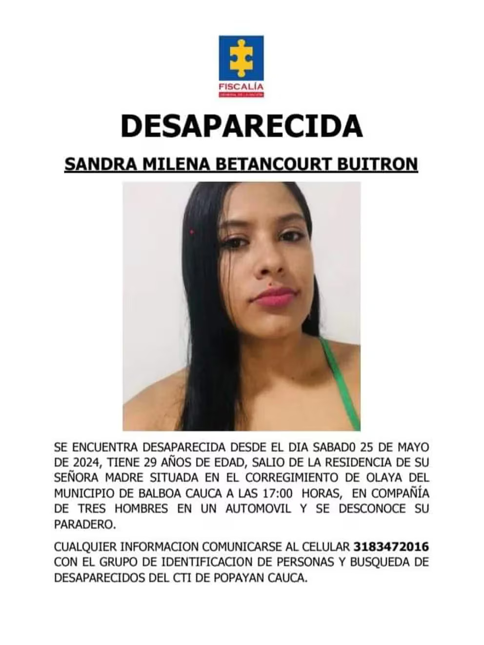 Denuncian desaparición de Sandra Milena Betancourt.