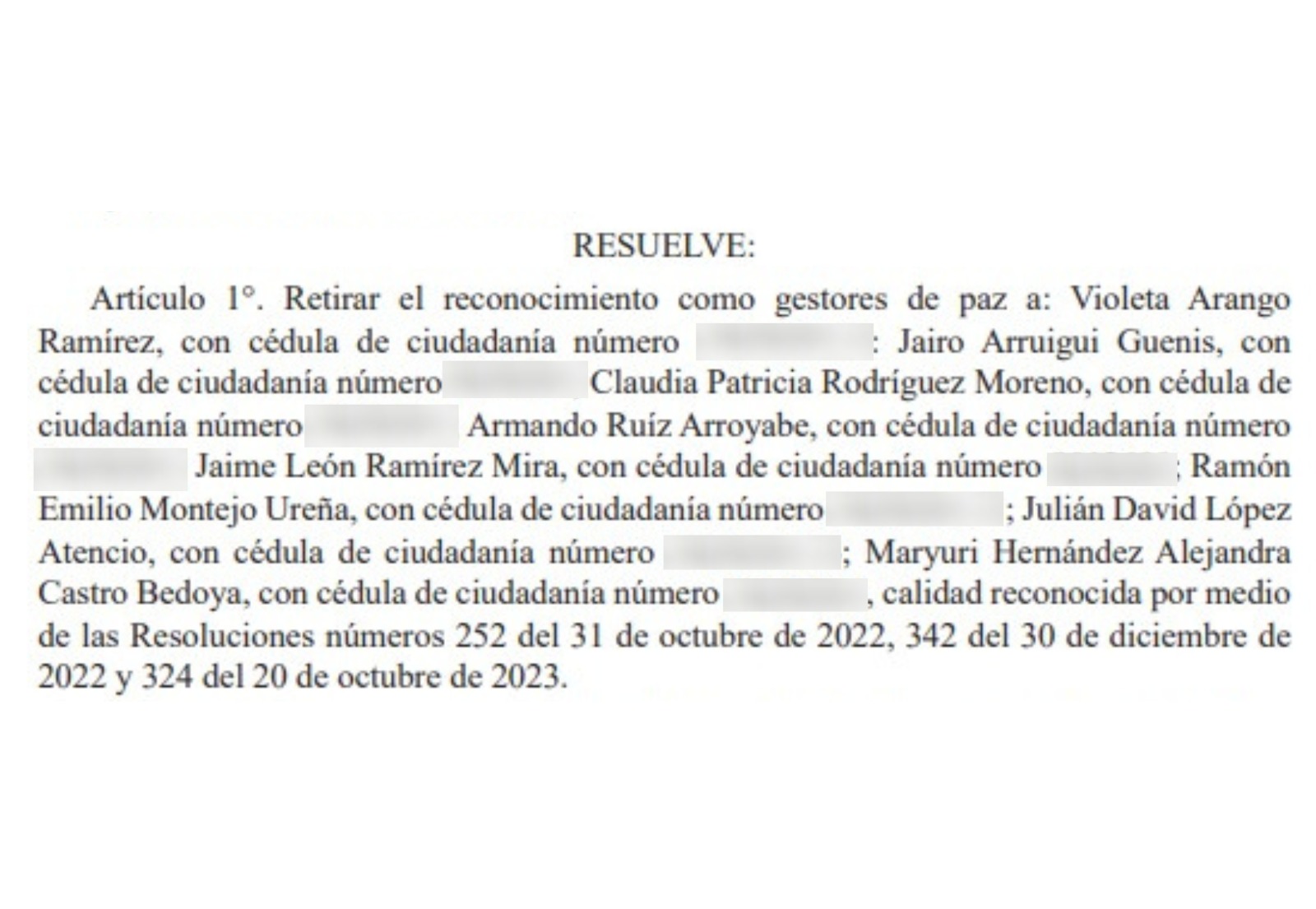 Foto de una de las resoluciones publicadas en la Gaceta Oficial en la que se muestra la suspensión de los gestores de paz.