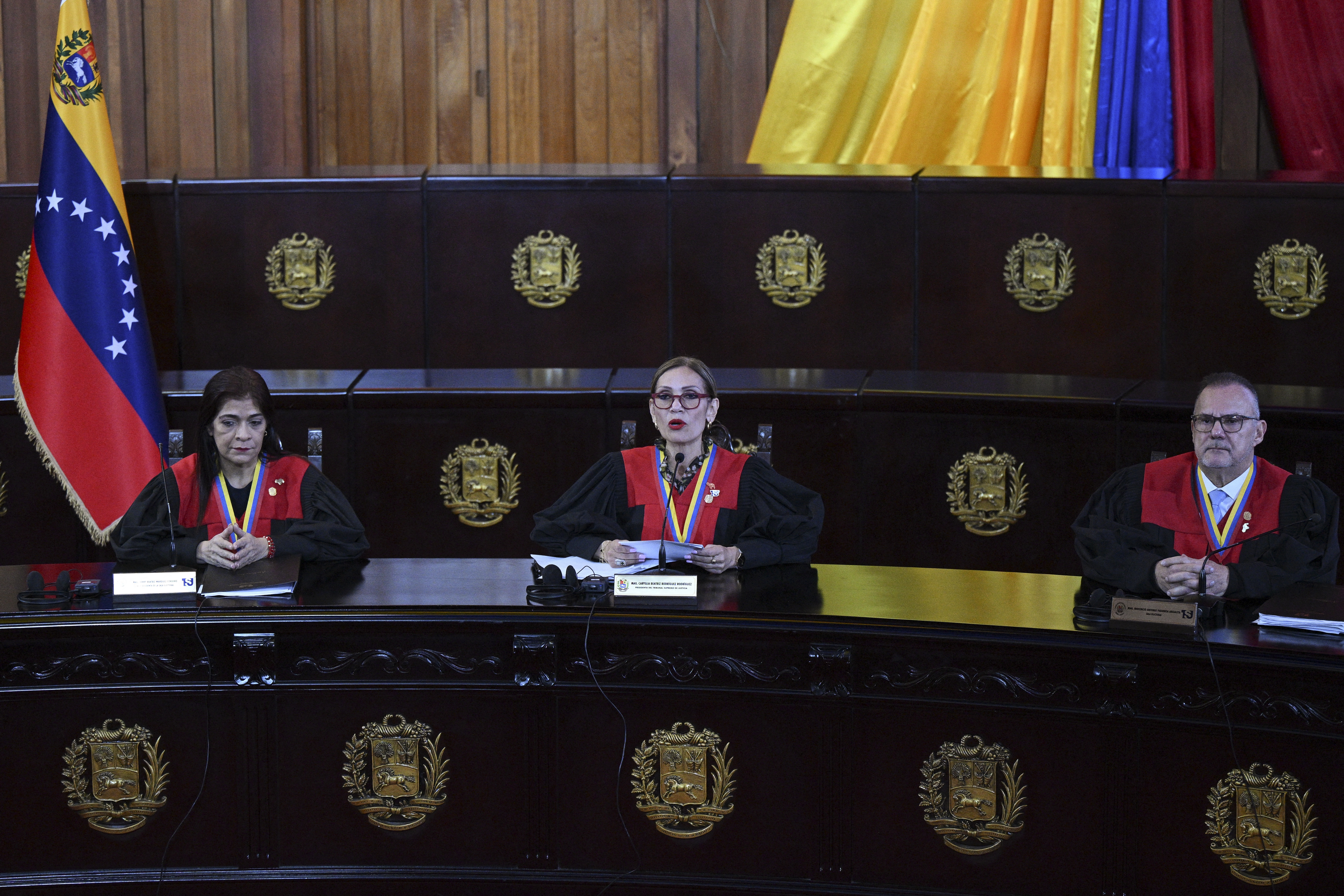 Venezuelan Supreme Court of Justice (TSJ) President Caryslia Rodriguez delivers a statement by the Supreme Court of Venezuela on the country's presidential election at the TSJ building in Caracas on August 22, 2024. (Photo by Federico PARRA / AFP)