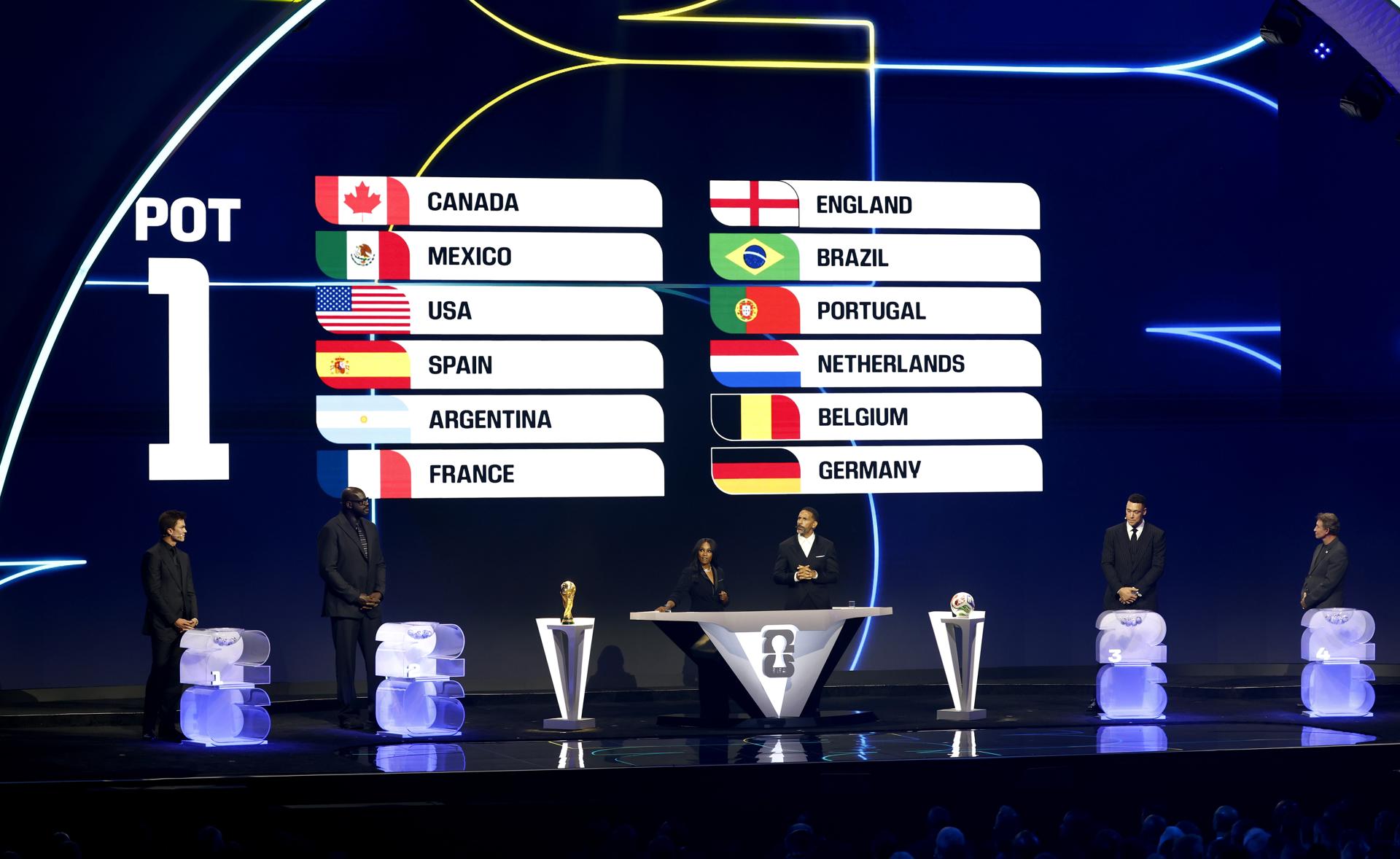 WASHINGTON (United States), 05/12/2025.- The seeded nations in Pot 1 are shown during the FIFA World Cup 2026 Final Draw at the Kennedy Center in Washington DC, USA, 05 December 2025. (Mundial de Fútbol) EFE/EPA/WILL OLIVER