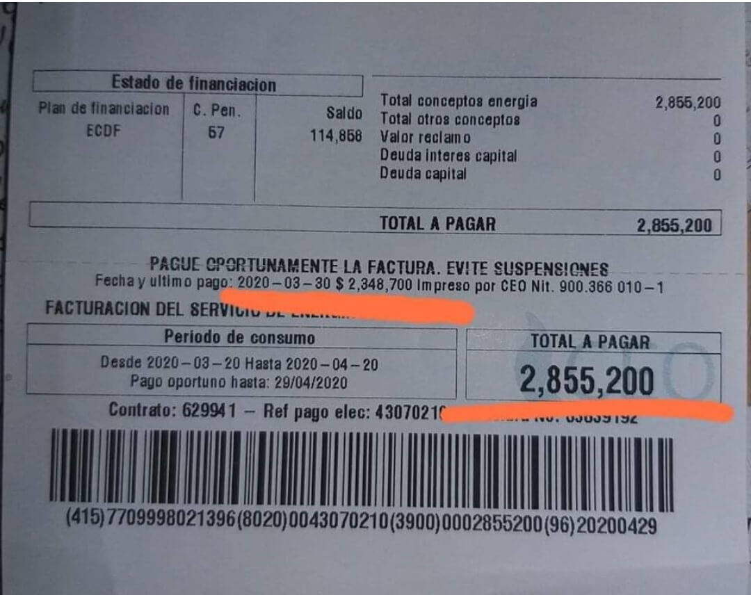 A una residente en el departamento del Cauca le llegó la factura de este mes del servicio de energía $2'855.200. / Archivo particular