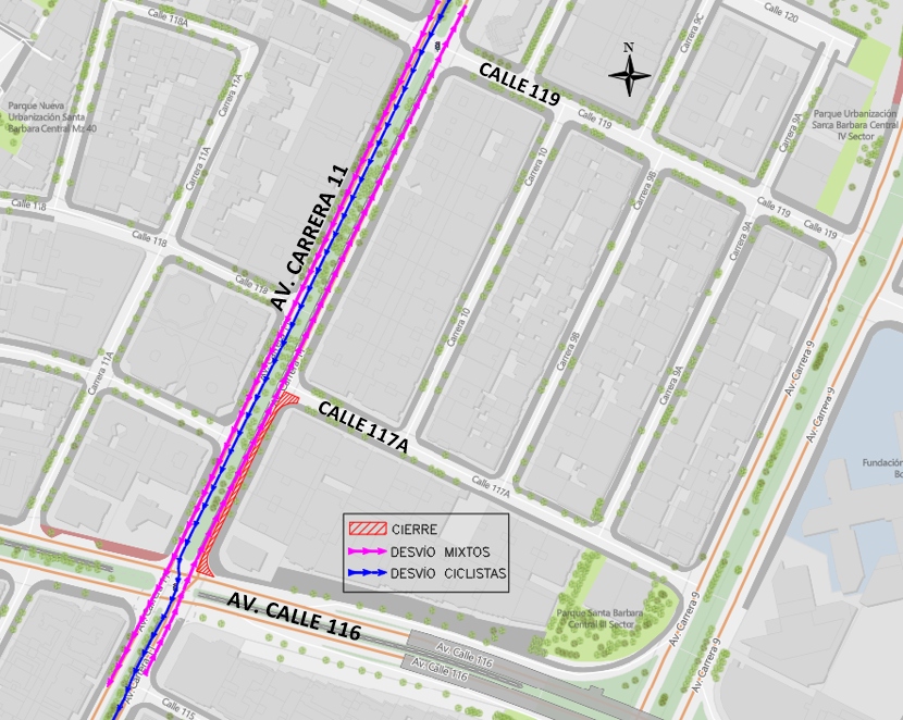 Desvíos para bicicletas y cambio de sentido en la Av. carrera 11 entre av. calle 116 y 117a.