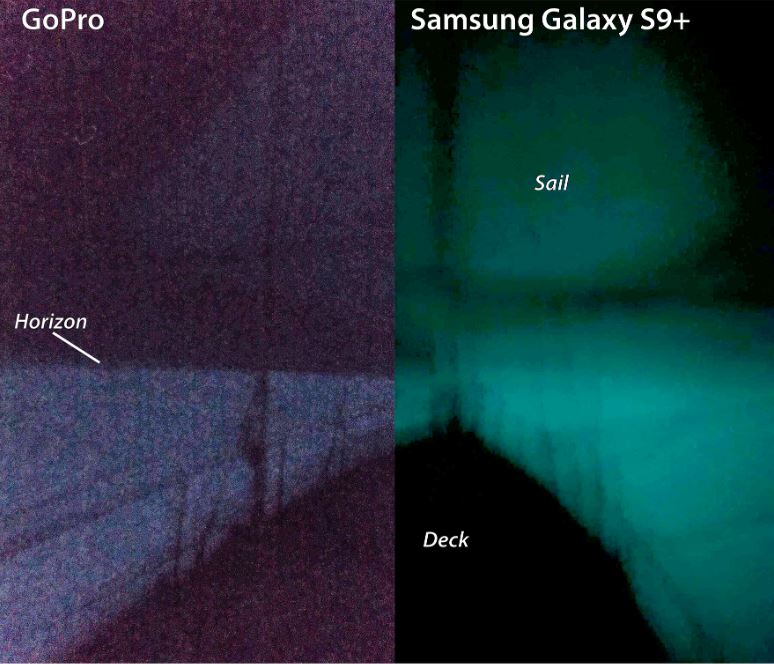 Fotografía digital del mar lechoso de Java de 2019, capturada por la tripulación de Ganesha , que muestra una vista de ( A ) la proa del barco y ( B ) una versión con ajuste de color de la foto de Samsung que se aproxima a la percepción visual del resplandor. El estado del océano estaba en calma. Foto: Estudio PNAS